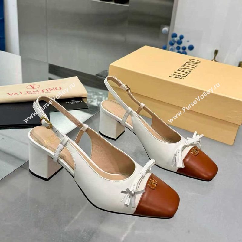 Valentino VALET DU ROI Slingbacks Pump 6cm in Calfskin Leather with Tassel Bow White/Brown 2025 (XL-251215038)