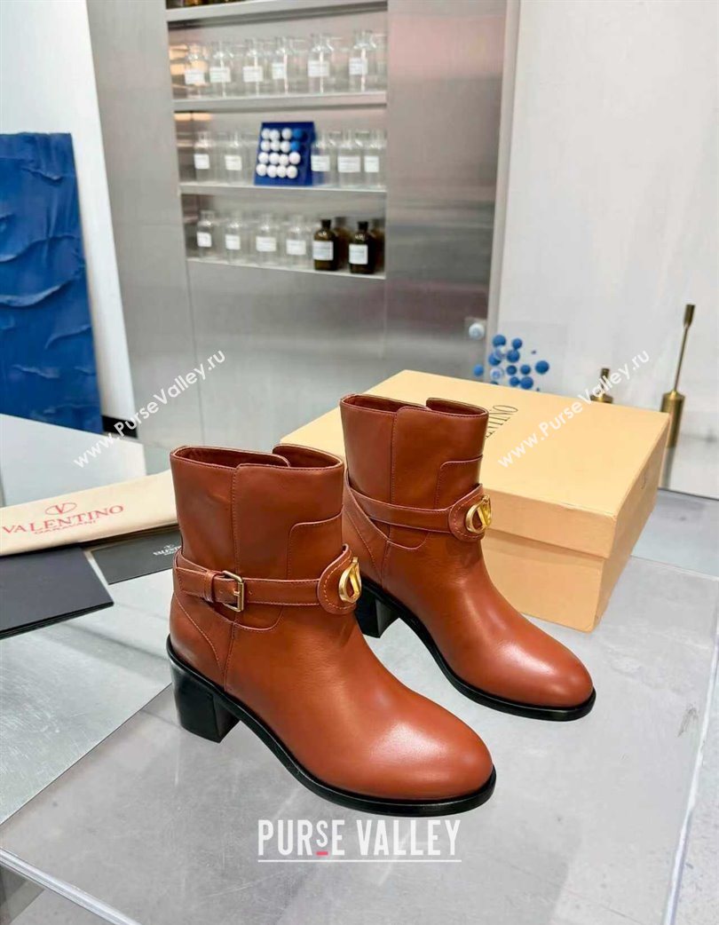 Valentino VLogo Signature Strap Heel Ankle Boots 7cm in Calfskin Leather Tan Brown 2025 VLTN121502 (XL-251215054)