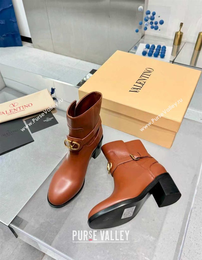 Valentino VLogo Signature Strap Heel Ankle Boots 7cm in Calfskin Leather Tan Brown 2025 VLTN121502 (XL-251215054)