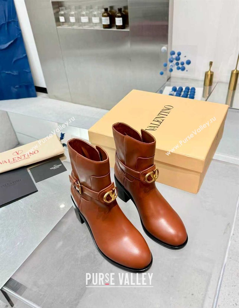 Valentino VLogo Signature Strap Heel Ankle Boots 7cm in Calfskin Leather Tan Brown 2025 VLTN121502 (XL-251215054)