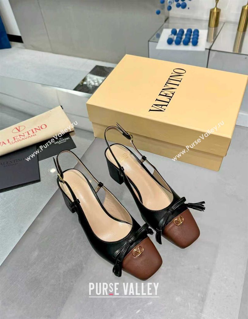 Valentino VALET DU ROI Slingbacks Pump 6cm in Calfskin Leather with Tassel Bow Black/Brown 2025 (XL-251215039)