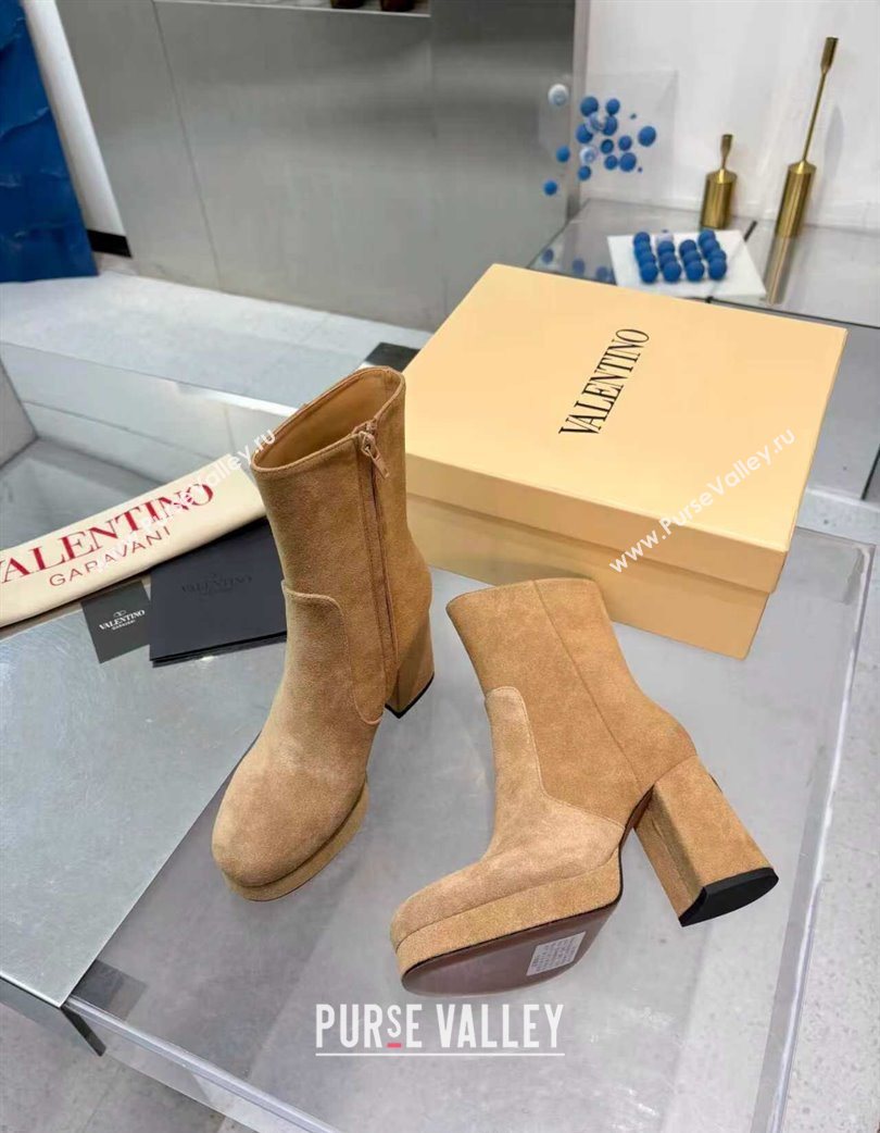 Valentino FAWCETTE Platform Ankle Boots 10cm in Suede Beige 2025 (XL-251215066)