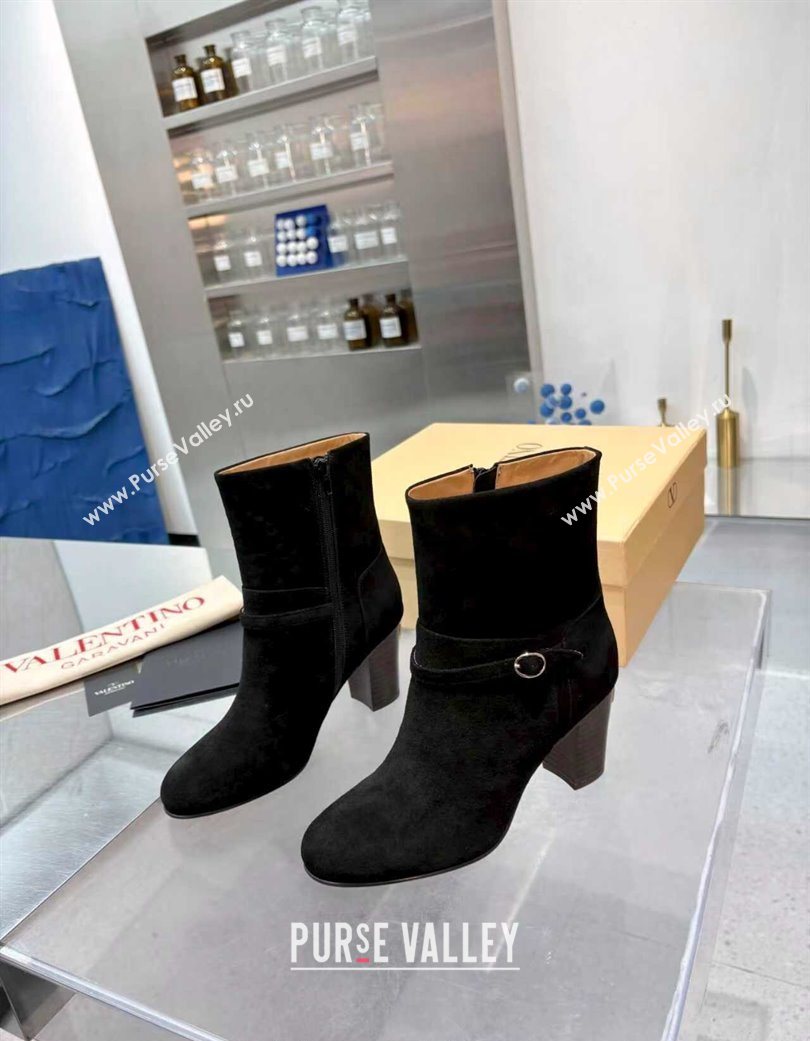 Valentino PATTIE Heel Booties 8cm in Suede with Buckle Black 2025 (XL-251215068)