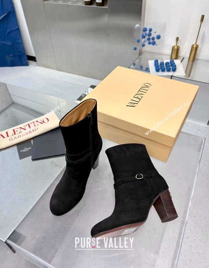 Valentino PATTIE Heel Booties 8cm in Suede with Buckle Black 2025 (XL-251215068)