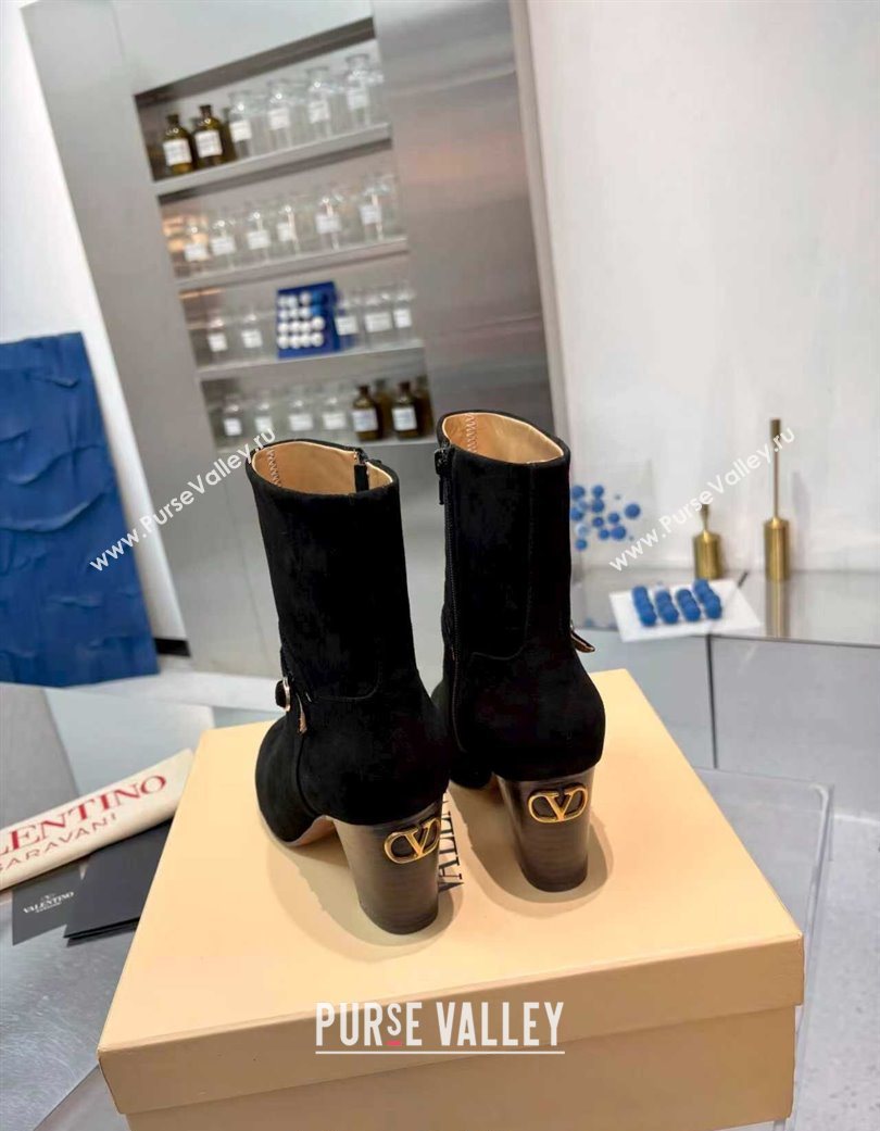 Valentino PATTIE Heel Booties 8cm in Suede with Buckle Black 2025 (XL-251215068)