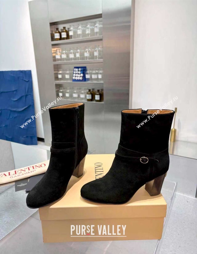 Valentino PATTIE Heel Booties 8cm in Suede with Buckle Black 2025 (XL-251215068)