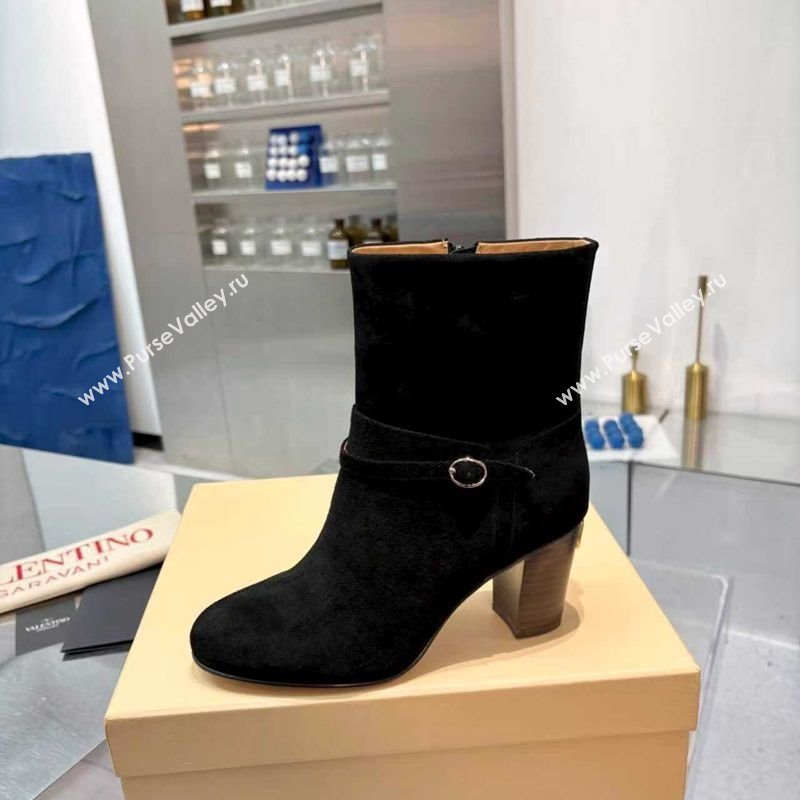 Valentino PATTIE Heel Booties 8cm in Suede with Buckle Black 2025 (XL-251215068)