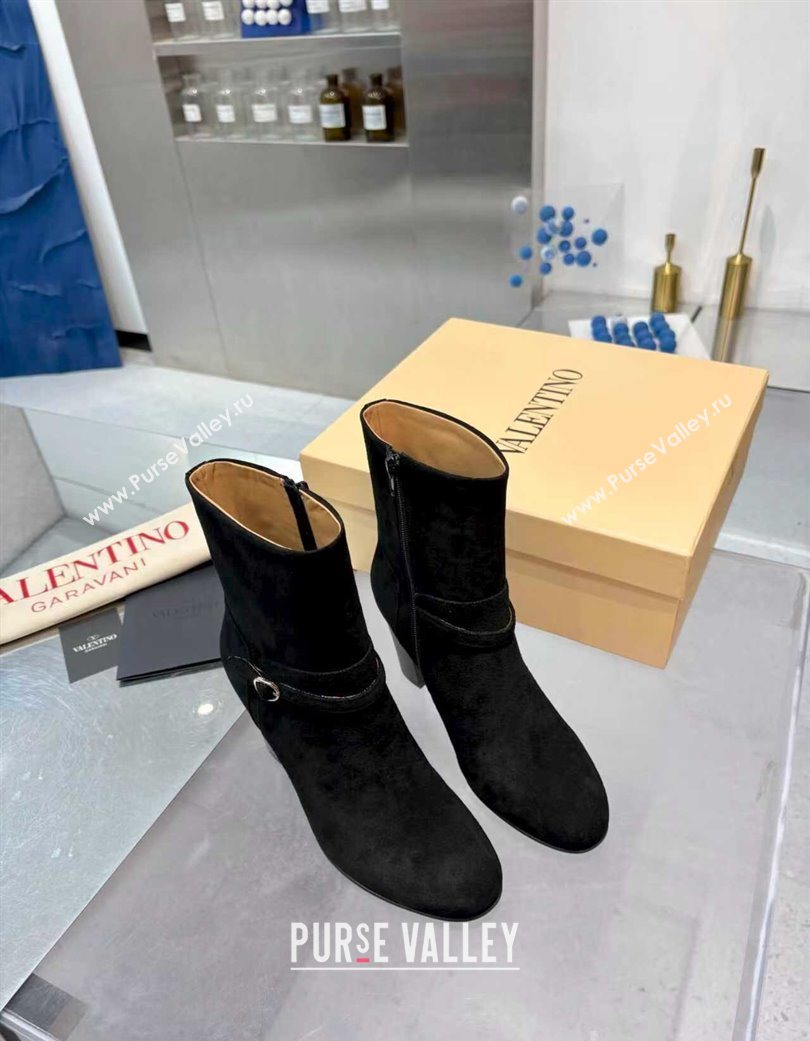 Valentino PATTIE Heel Booties 8cm in Suede with Buckle Black 2025 (XL-251215068)