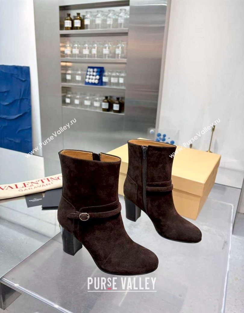 Valentino PATTIE Heel Booties 8cm in Suede with Buckle Brown 2025 (XL-251215069)