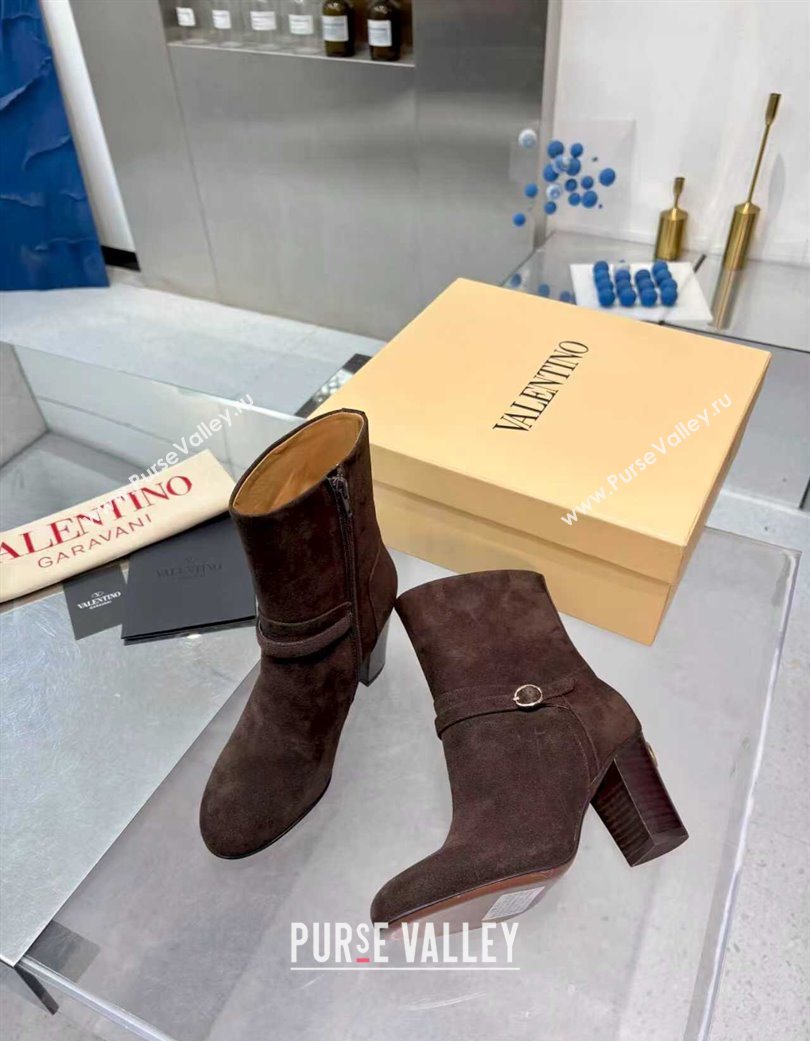 Valentino PATTIE Heel Booties 8cm in Suede with Buckle Brown 2025 (XL-251215069)