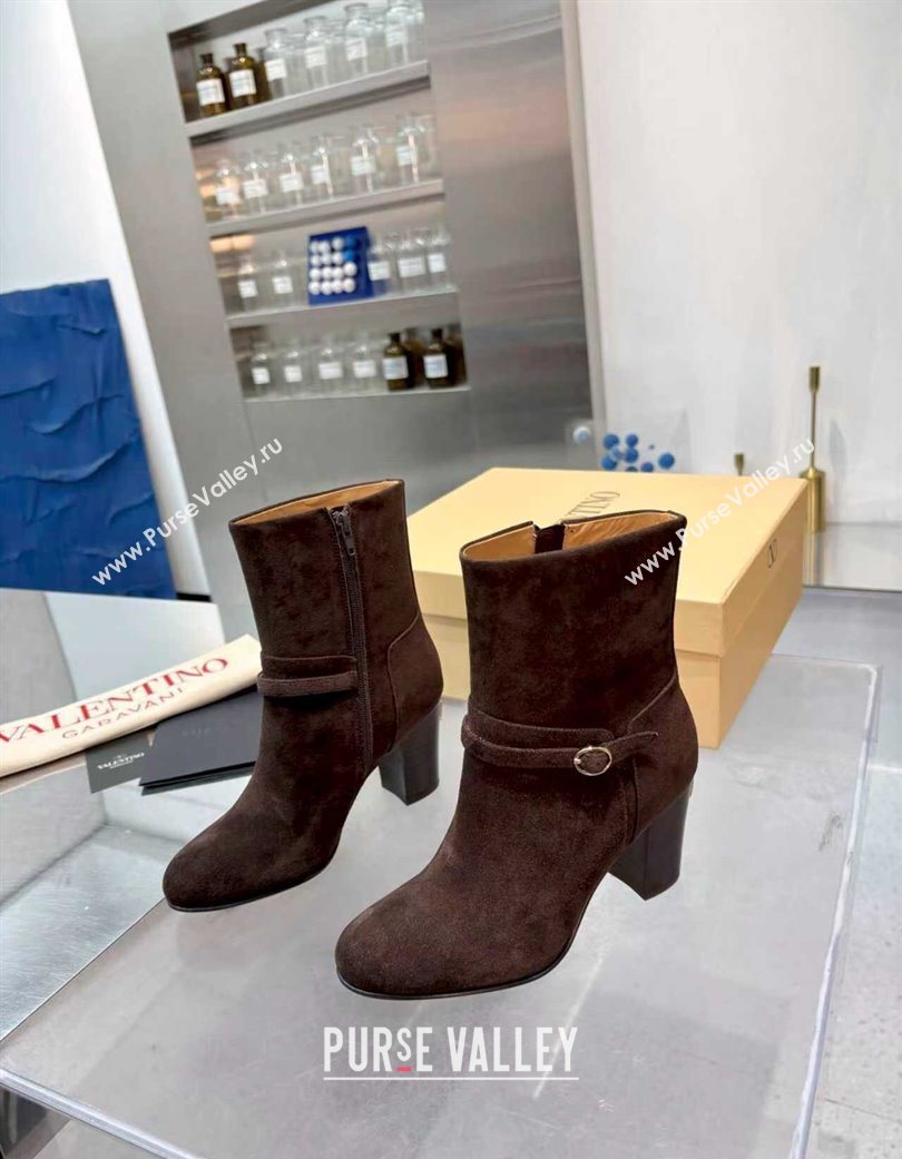 Valentino PATTIE Heel Booties 8cm in Suede with Buckle Brown 2025 (XL-251215069)