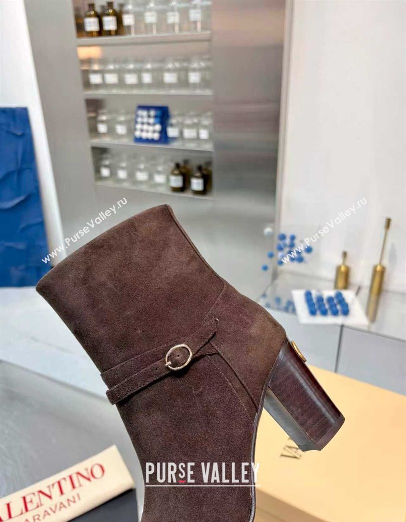 Valentino PATTIE Heel Booties 8cm in Suede with Buckle Brown 2025 (XL-251215069)