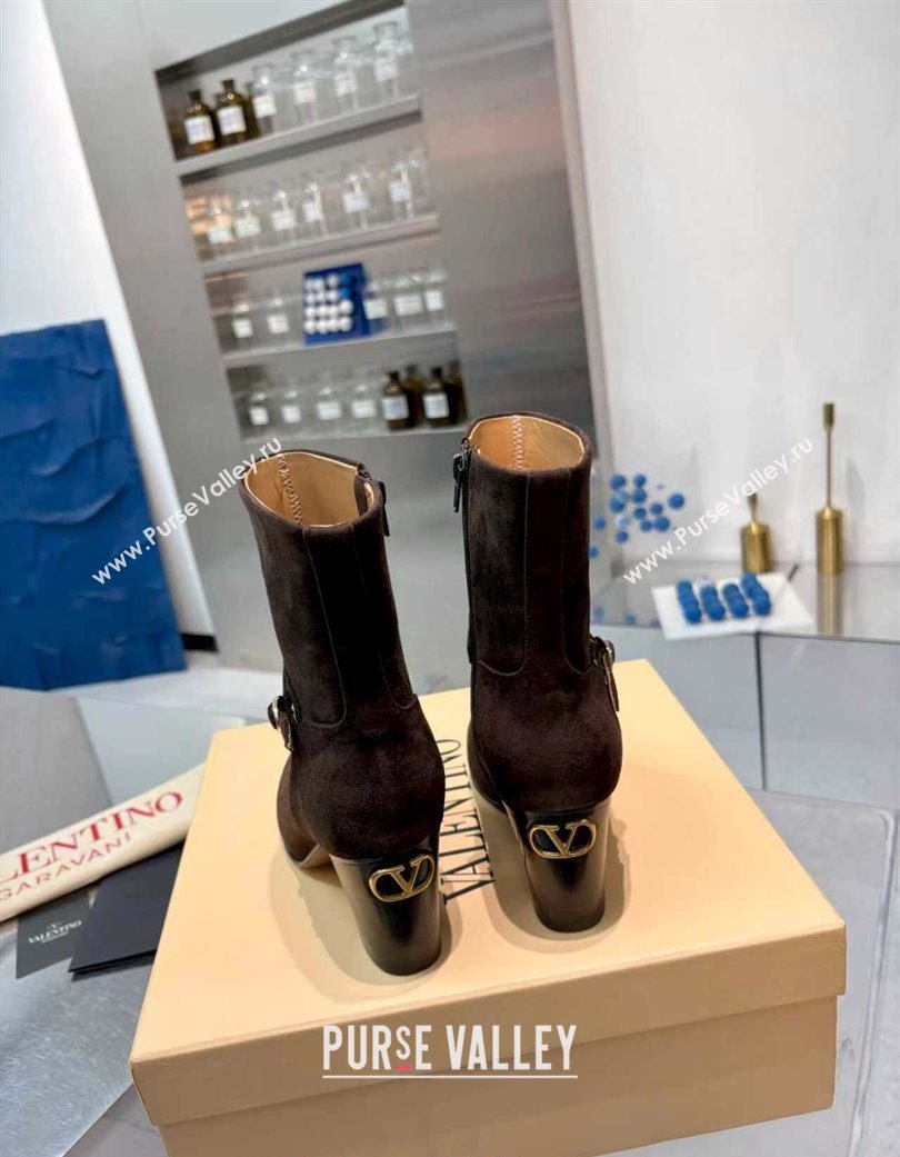 Valentino PATTIE Heel Booties 8cm in Suede with Buckle Brown 2025 (XL-251215069)