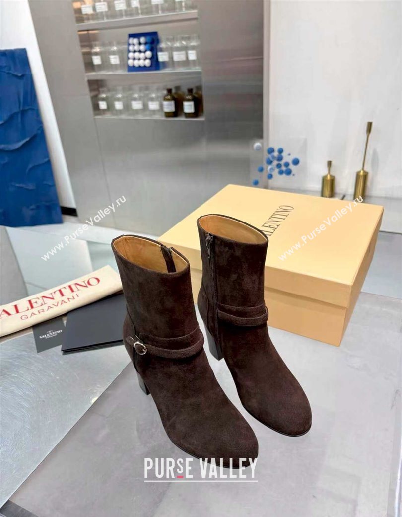 Valentino PATTIE Heel Booties 8cm in Suede with Buckle Brown 2025 (XL-251215069)