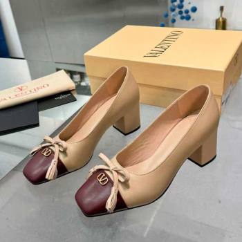 Valentino VALET DU ROI Pumps 6cm in Calfskin Leather with Tassel Bow Beige/Dark Burgundy 2025 (XL-251215043)
