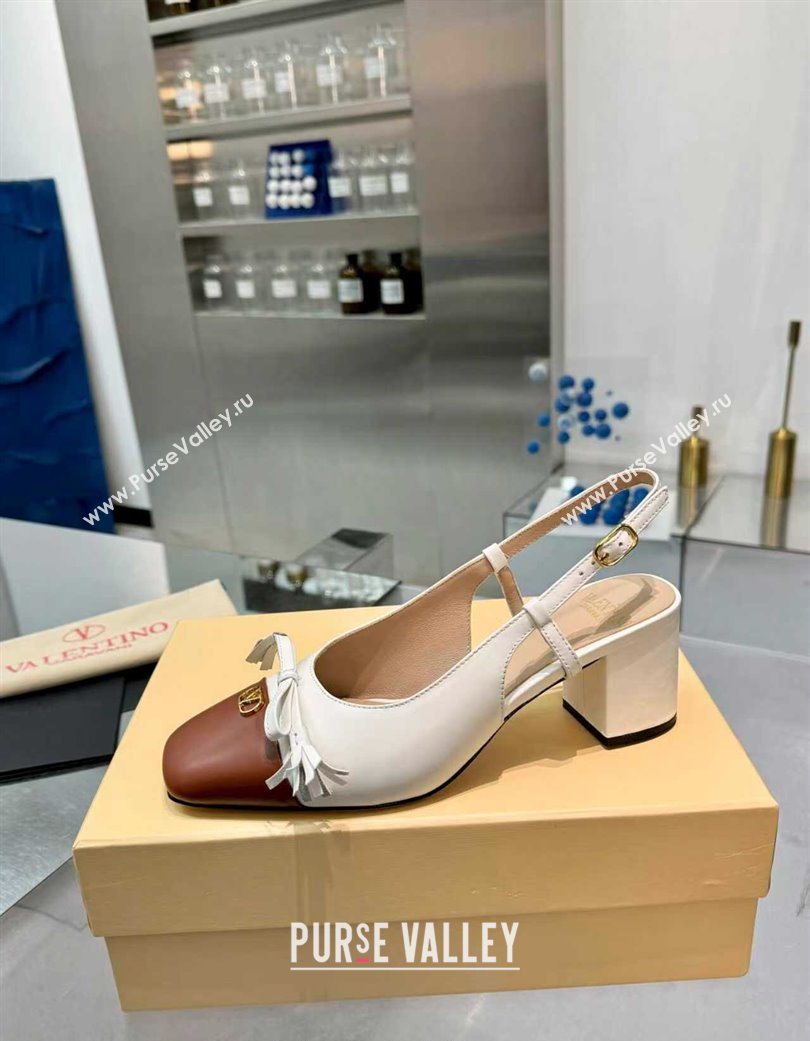 Valentino VALET DU ROI Slingbacks Pump 6cm in Calfskin Leather with Tassel Bow White/Brown 2025 (XL-251215038)