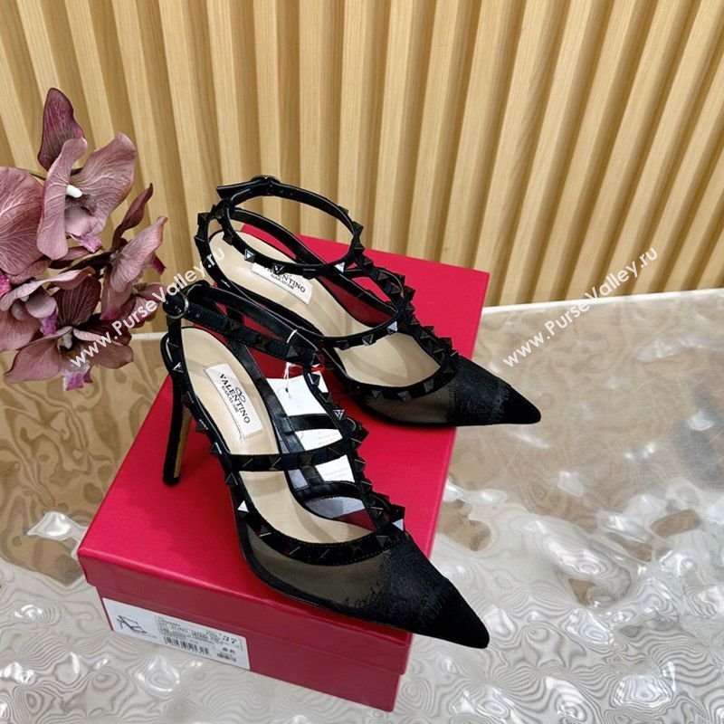 Valentino Rockstud Pumps 9.5cm in Lace Mesh and Suede with Double Straps Black2 2025 VLTN121507 (MD-251215102)