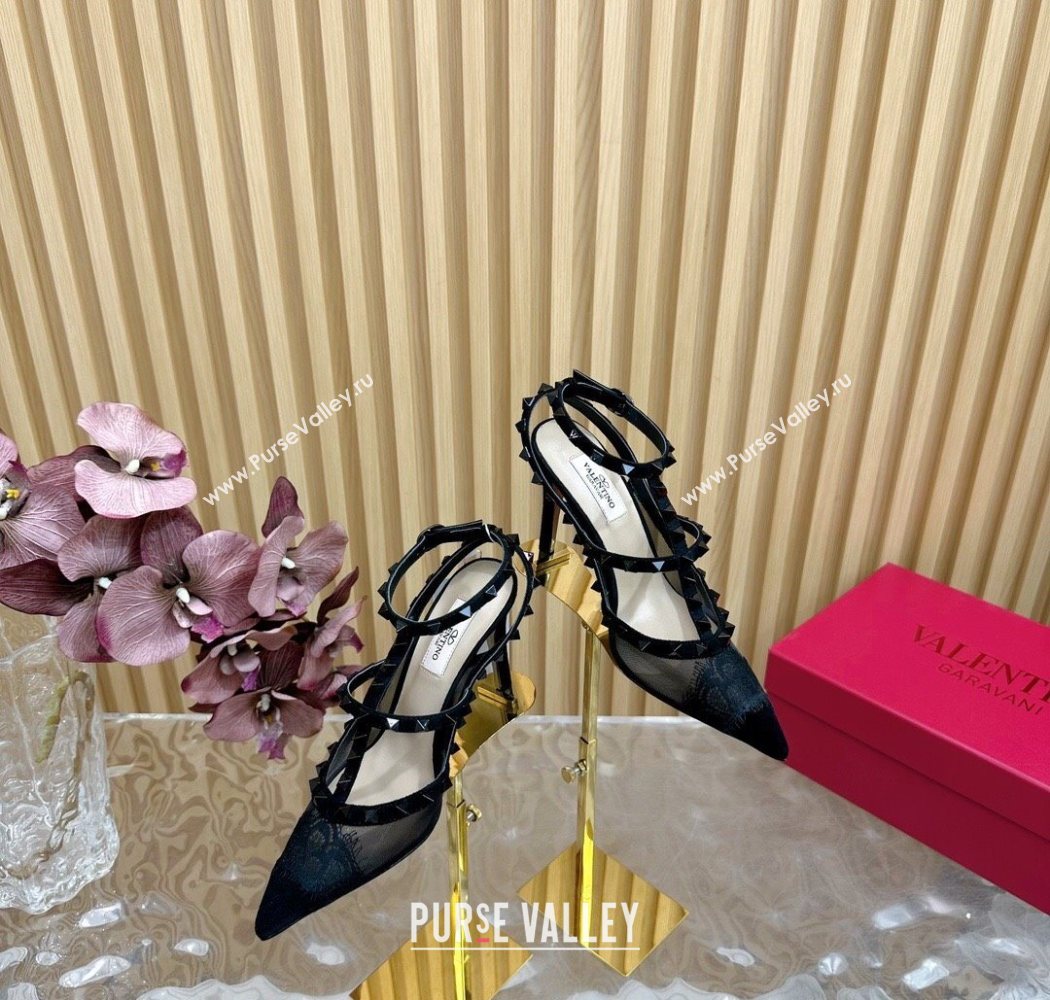 Valentino Rockstud Pumps 9.5cm in Lace Mesh and Suede with Double Straps Black2 2025 VLTN121507 (MD-251215102)