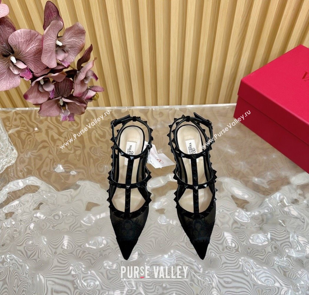 Valentino Rockstud Pumps 9.5cm in Lace Mesh and Suede with Double Straps Black2 2025 VLTN121507 (MD-251215102)