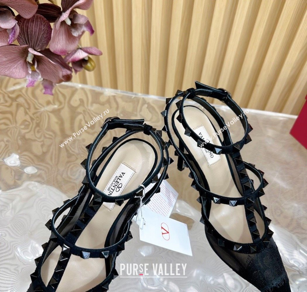 Valentino Rockstud Pumps 9.5cm in Lace Mesh and Suede with Double Straps Black2 2025 VLTN121507 (MD-251215102)