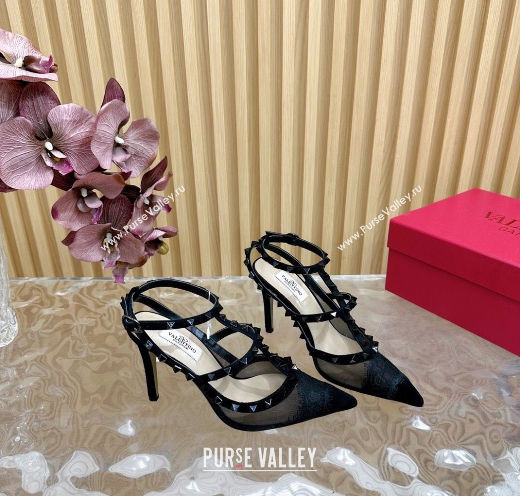 Valentino Rockstud Pumps 9.5cm in Lace Mesh and Suede with Double Straps Black2 2025 VLTN121507 (MD-251215102)