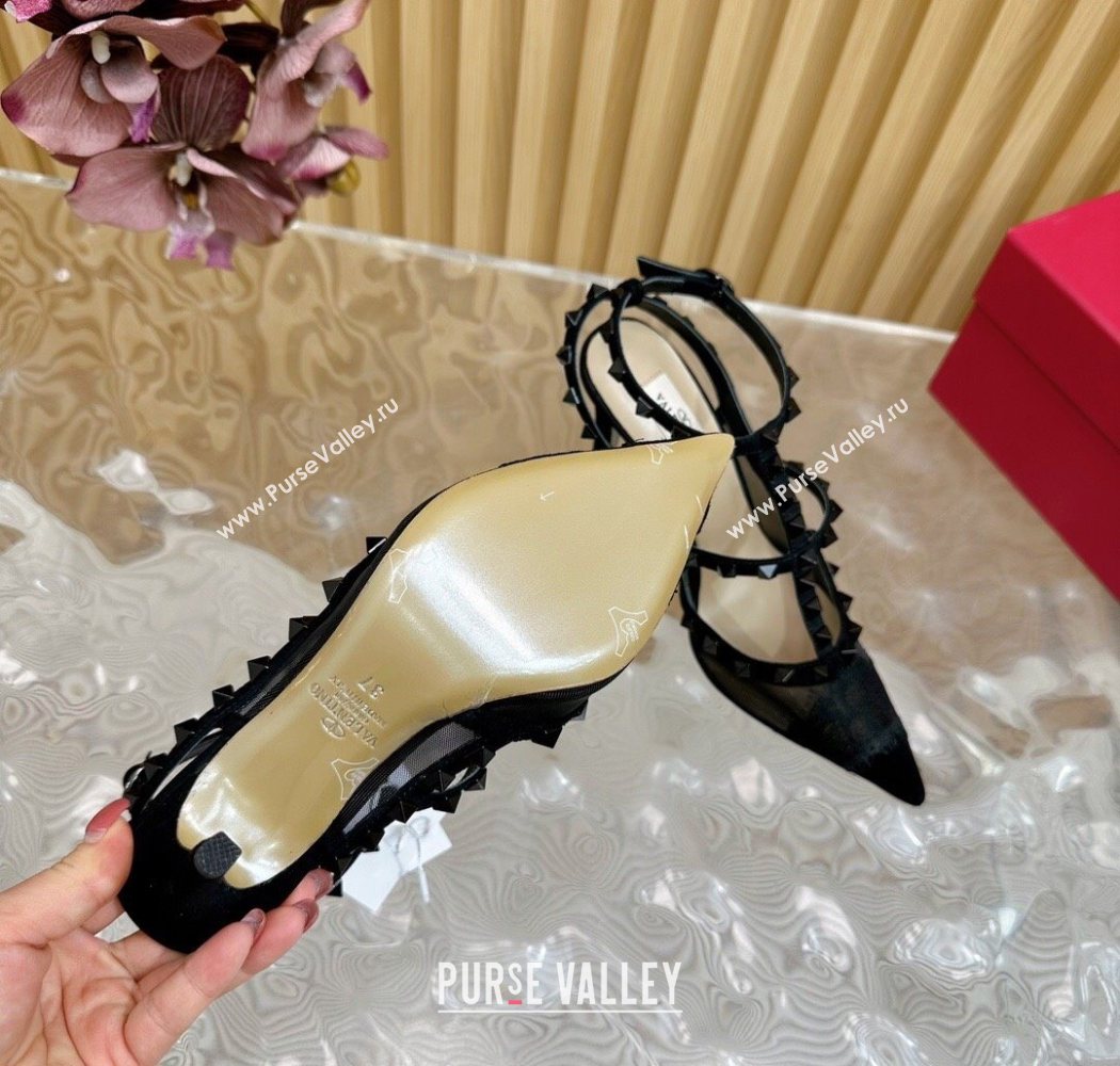 Valentino Rockstud Pumps 9.5cm in Lace Mesh and Suede with Double Straps Black2 2025 VLTN121507 (MD-251215102)