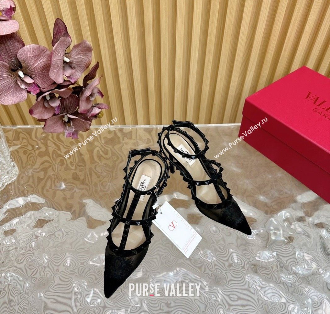 Valentino Rockstud Pumps 9.5cm in Lace Mesh and Suede with Double Straps Black2 2025 VLTN121507 (MD-251215102)