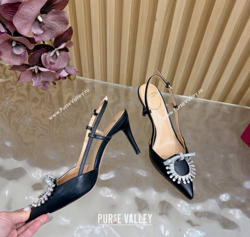 Valentino Strass Embellished Slingbacks Pump 8cm in Calfskin Leather Black2 2025 VLTN121508 (MD-251215103)