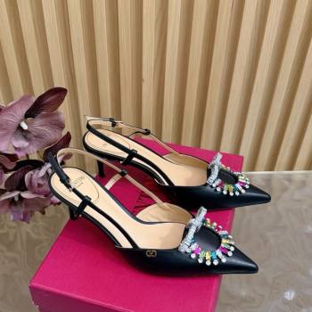 Valentino Strass Embellished Slingbacks Pump 8cm in Calfskin Leather Black/Multicolor 2025 VLTN121508 (MD-251215104)