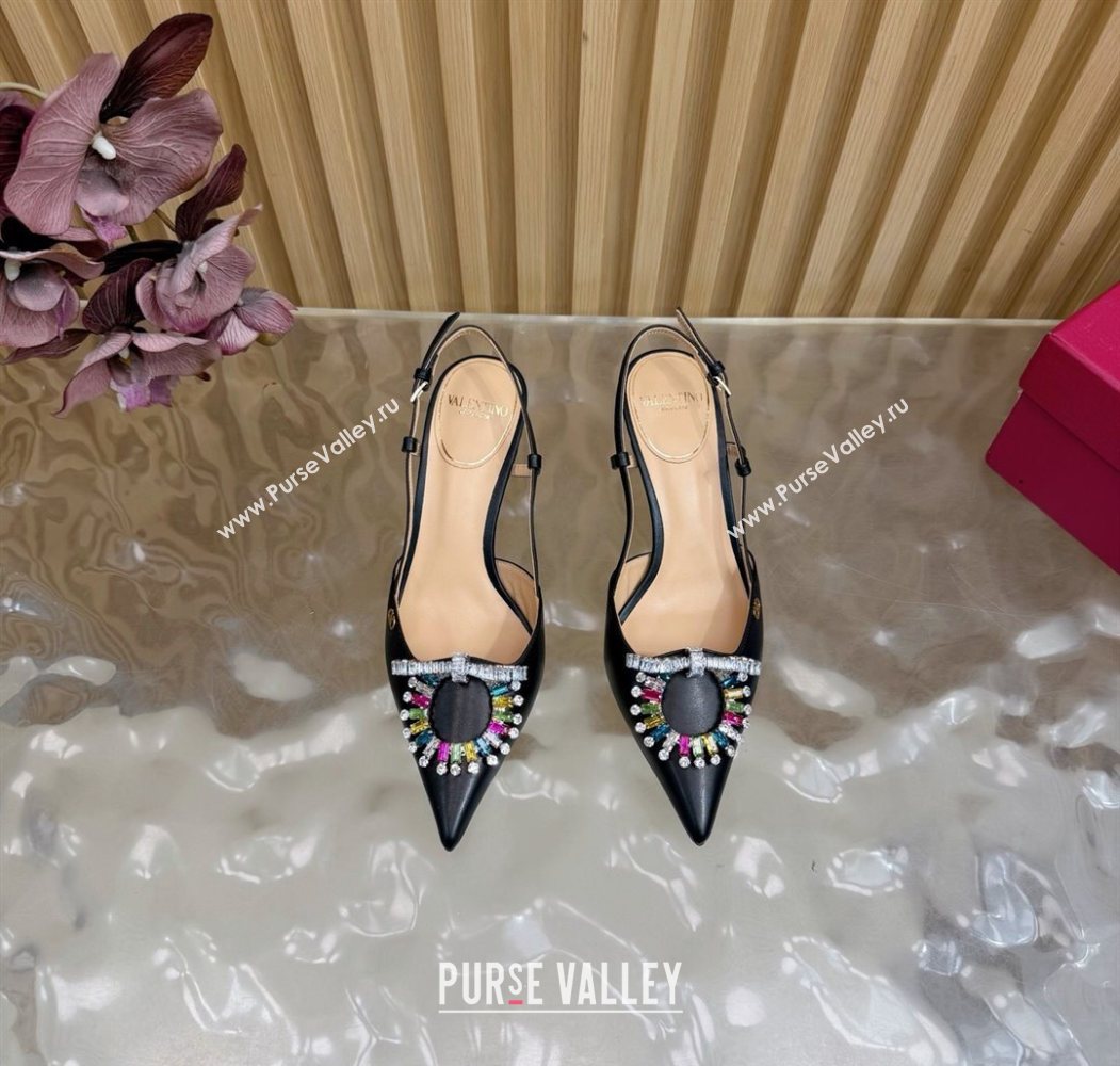 Valentino Strass Embellished Slingbacks Pump 8cm in Calfskin Leather Black/Multicolor 2025 VLTN121508 (MD-251215104)