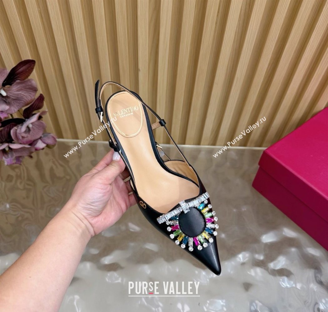 Valentino Strass Embellished Slingbacks Pump 8cm in Calfskin Leather Black/Multicolor 2025 VLTN121508 (MD-251215104)