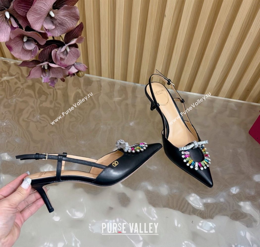 Valentino Strass Embellished Slingbacks Pump 8cm in Calfskin Leather Black/Multicolor 2025 VLTN121508 (MD-251215104)