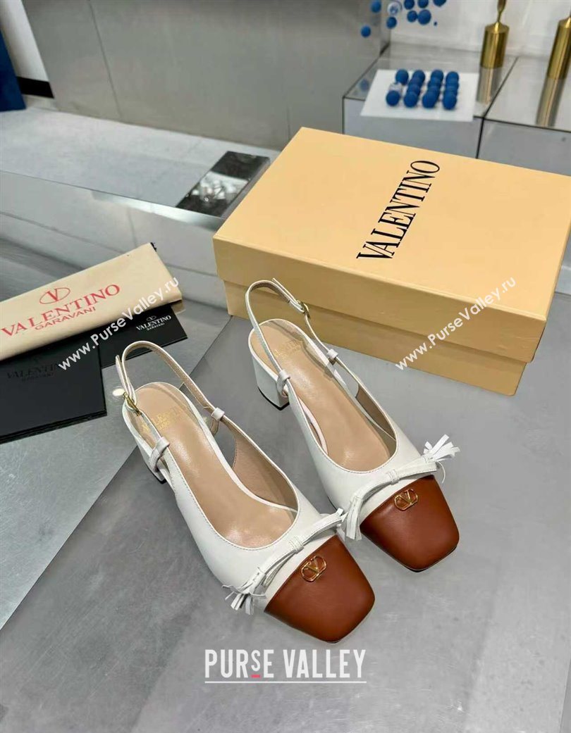 Valentino VALET DU ROI Slingbacks Pump 6cm in Calfskin Leather with Tassel Bow White/Brown 2025 (XL-251215038)