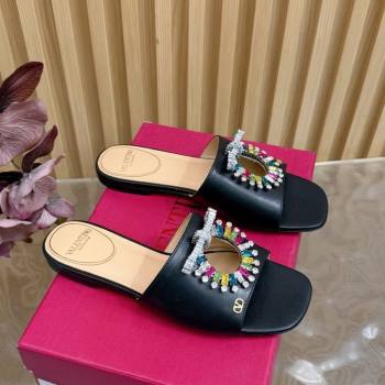 Valentino Strass Embellished Flat Slides Sandal in Calfskin Leather Black/Multicolor 2025 VLTN121509 (MD-251215110)