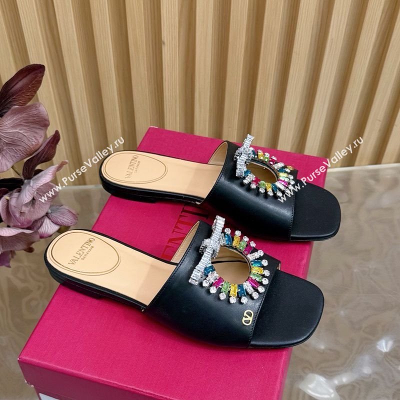 Valentino Strass Embellished Flat Slides Sandal in Calfskin Leather Black/Multicolor 2025 VLTN121509 (MD-251215110)