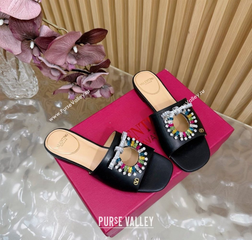 Valentino Strass Embellished Flat Slides Sandal in Calfskin Leather Black/Multicolor 2025 VLTN121509 (MD-251215110)