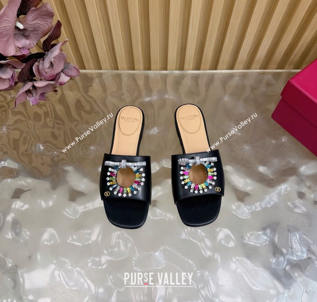 Valentino Strass Embellished Flat Slides Sandal in Calfskin Leather Black/Multicolor 2025 VLTN121509 (MD-251215110)