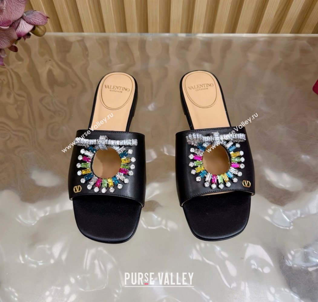 Valentino Strass Embellished Flat Slides Sandal in Calfskin Leather Black/Multicolor 2025 VLTN121509 (MD-251215110)