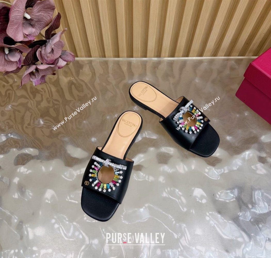 Valentino Strass Embellished Flat Slides Sandal in Calfskin Leather Black/Multicolor 2025 VLTN121509 (MD-251215110)
