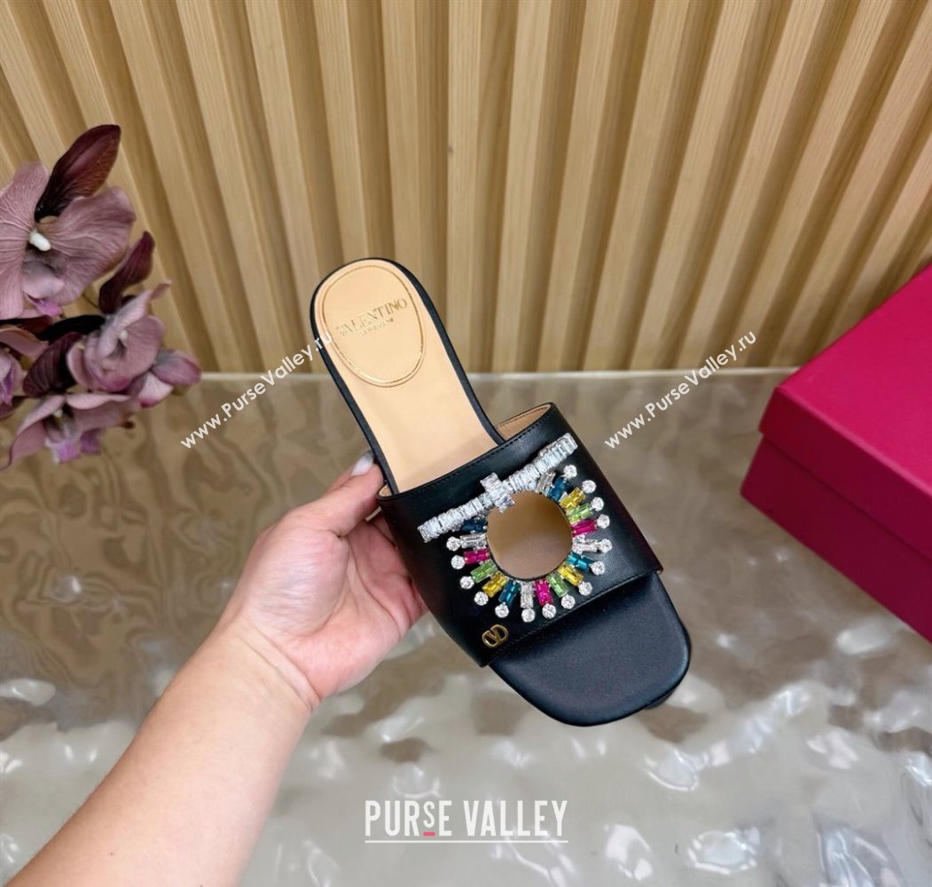 Valentino Strass Embellished Flat Slides Sandal in Calfskin Leather Black/Multicolor 2025 VLTN121509 (MD-251215110)