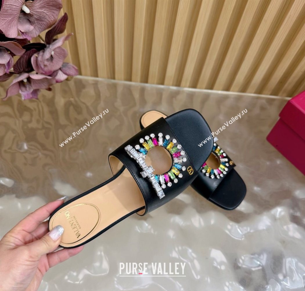 Valentino Strass Embellished Flat Slides Sandal in Calfskin Leather Black/Multicolor 2025 VLTN121509 (MD-251215110)