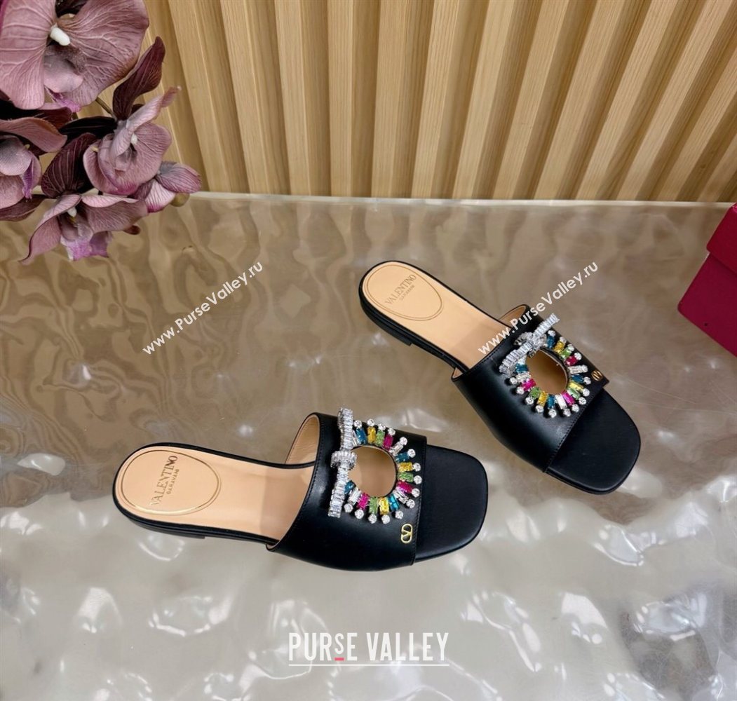Valentino Strass Embellished Flat Slides Sandal in Calfskin Leather Black/Multicolor 2025 VLTN121509 (MD-251215110)