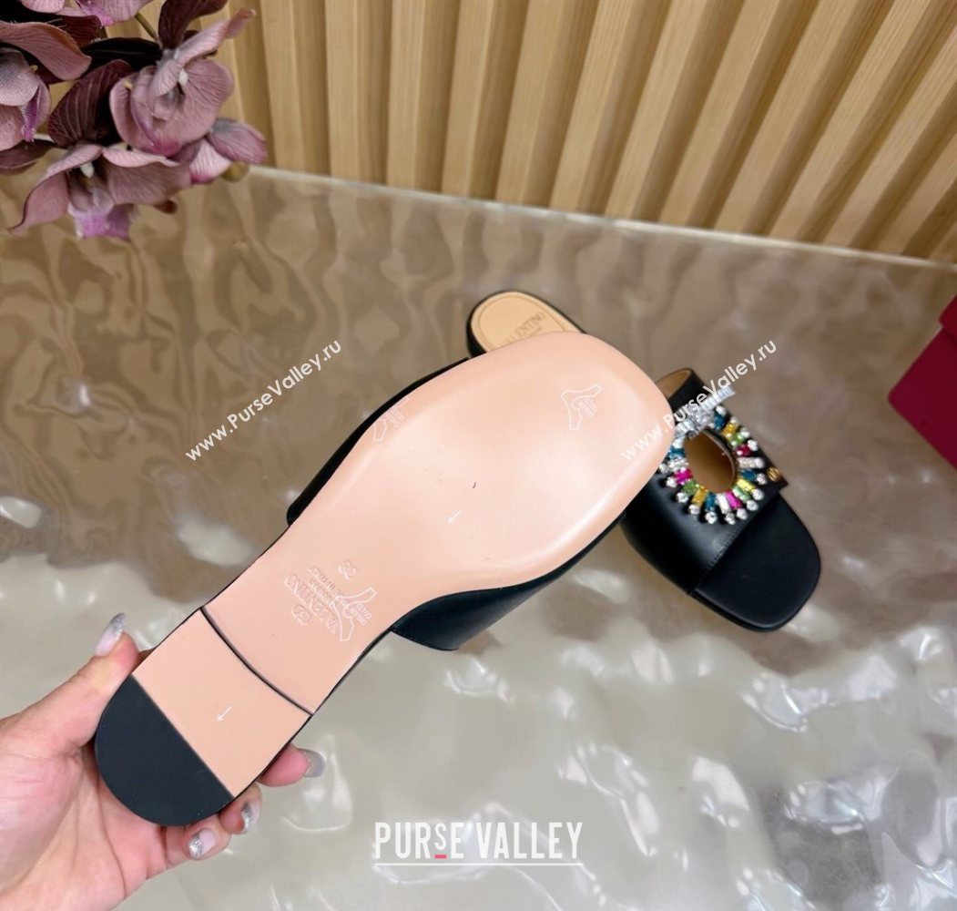 Valentino Strass Embellished Flat Slides Sandal in Calfskin Leather Black/Multicolor 2025 VLTN121509 (MD-251215110)