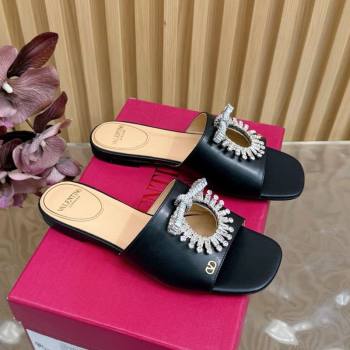 Valentino Strass Embellished Flat Slides Sandal in Calfskin Leather Black2 2025 VLTN121509 (MD-251215111)