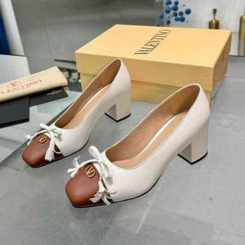 Valentino VALET DU ROI Pumps 6cm in Calfskin Leather with Tassel Bow White/Brown 2025 (XL-251215045)