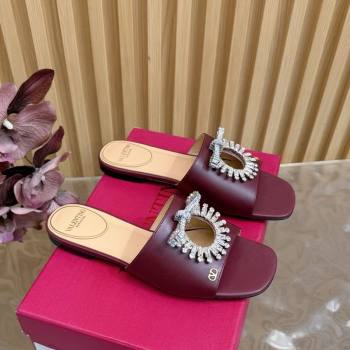 Valentino Strass Embellished Flat Slides Sandal in Calfskin Leather Dark Burgundy 2025 VLTN121509 (MD-251215112)