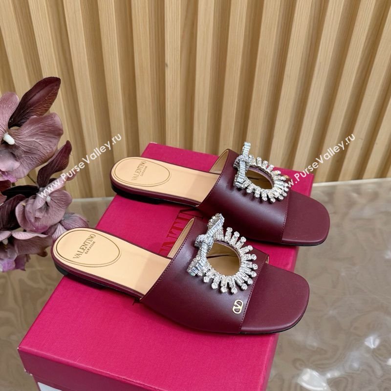 Valentino Strass Embellished Flat Slides Sandal in Calfskin Leather Dark Burgundy 2025 VLTN121509 (MD-251215112)
