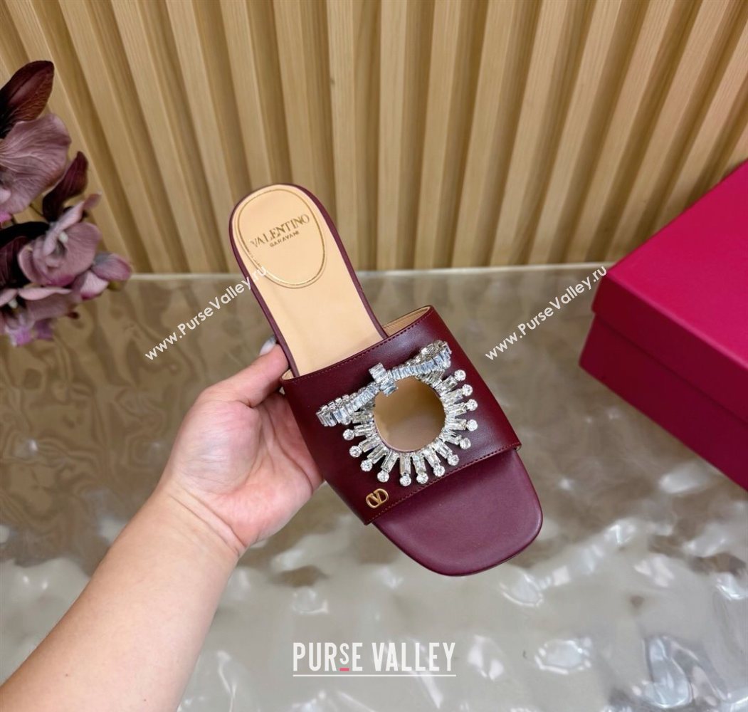 Valentino Strass Embellished Flat Slides Sandal in Calfskin Leather Dark Burgundy 2025 VLTN121509 (MD-251215112)