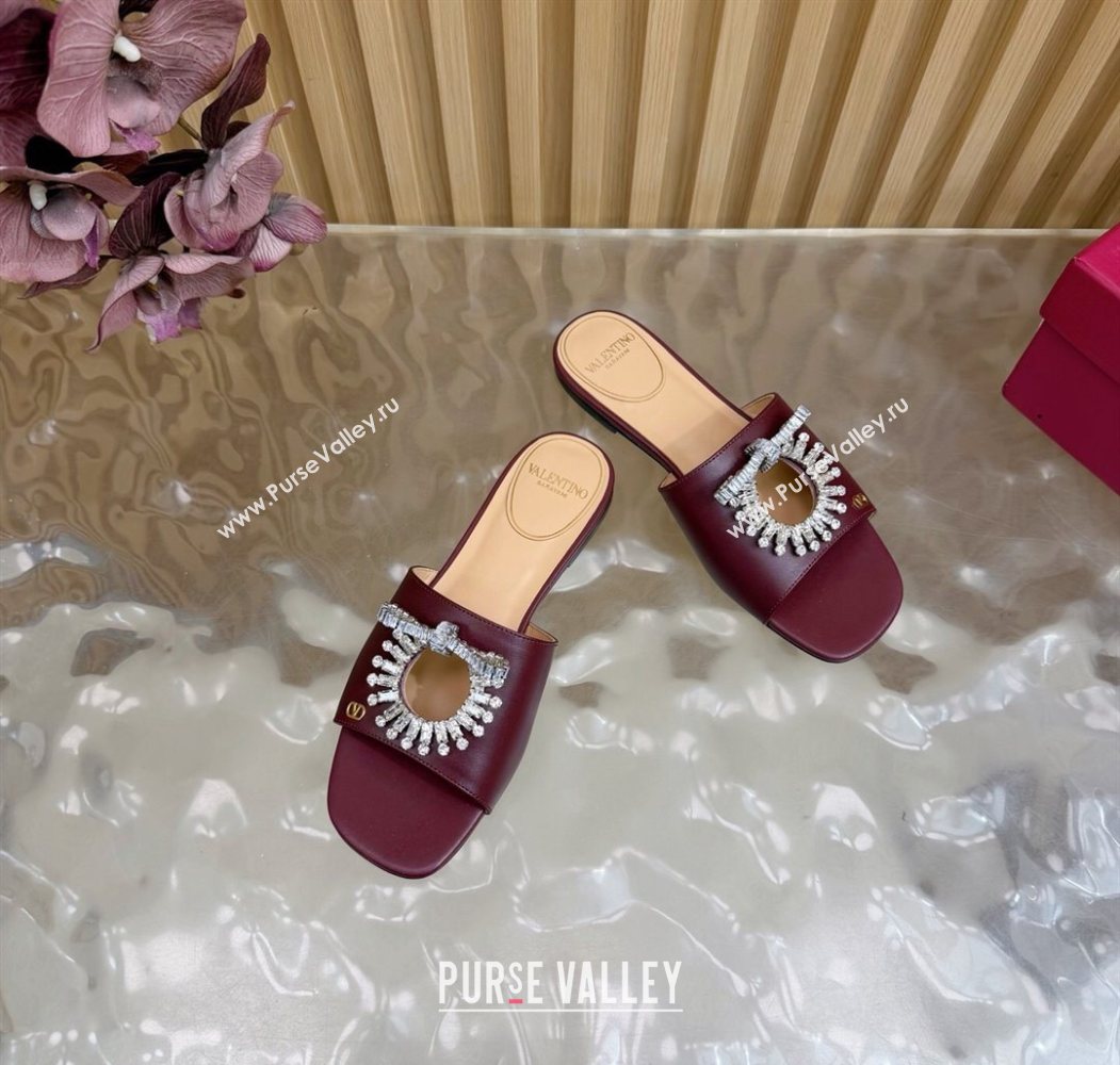 Valentino Strass Embellished Flat Slides Sandal in Calfskin Leather Dark Burgundy 2025 VLTN121509 (MD-251215112)