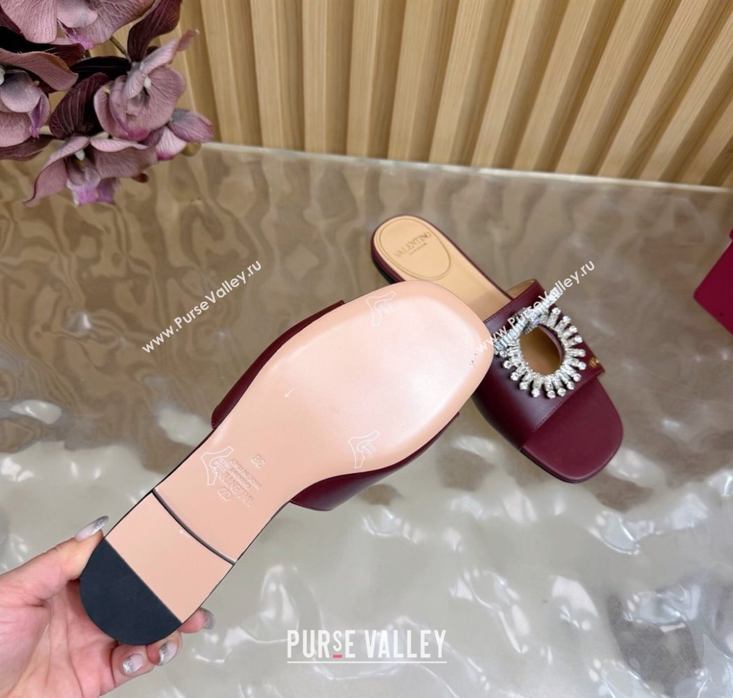 Valentino Strass Embellished Flat Slides Sandal in Calfskin Leather Dark Burgundy 2025 VLTN121509 (MD-251215112)